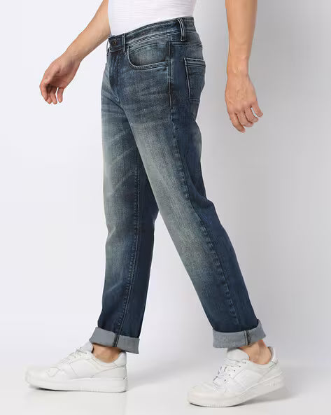 Men Heavily Washed Straight Jeans