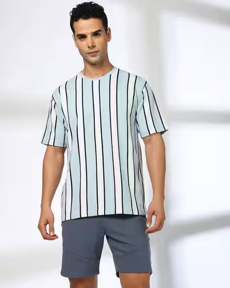 Men Herringbone Striped Boxy Fit Crew-Neck T-Shirt