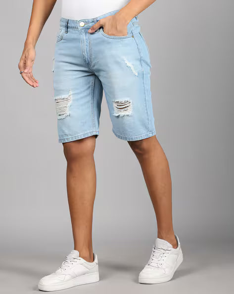 Street Knee Length Distressed Loose Fit Denim Shorts With Pocket