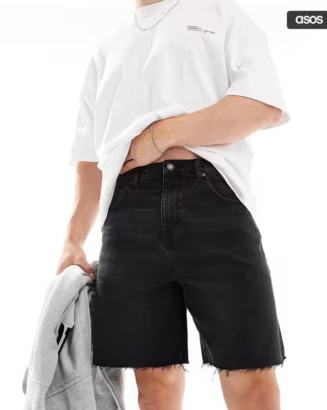 Men Mid-Wash Denim Shorts with Raw Hem