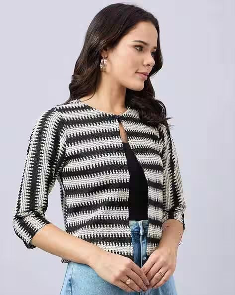 Women Striped Knitted Regular Fit Shrug