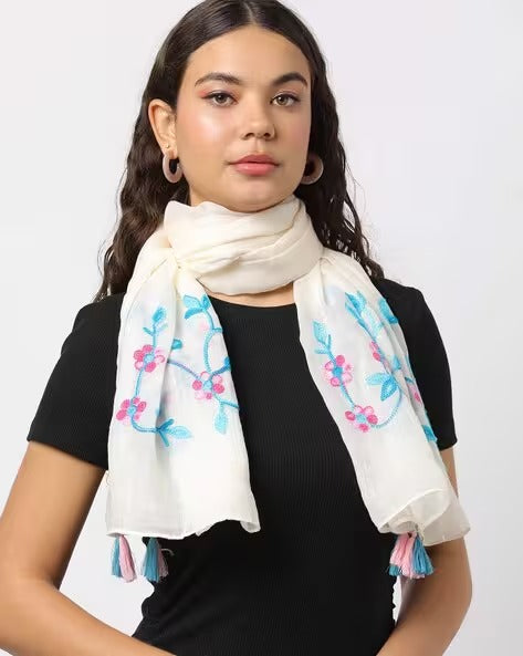 Women Embroidered Scarf with Tassels