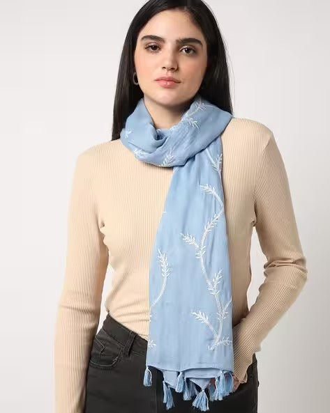 Women Embroidered Scarf with Tassels