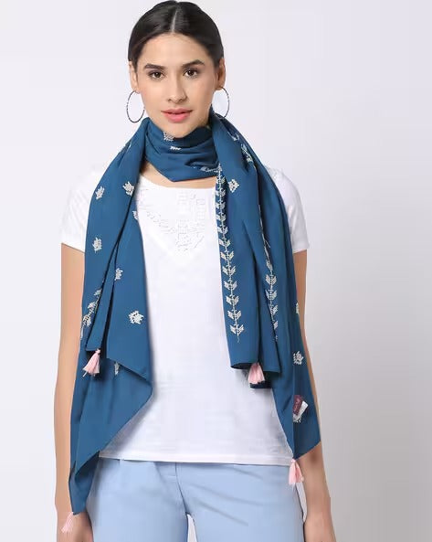 Women Embroidered Scarf with Tassels