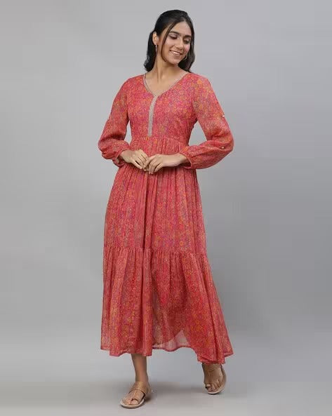 Women Floral Print V-Neck Tiered Dress