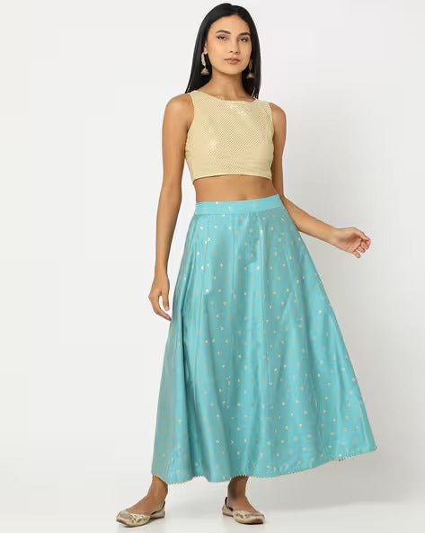 Foil Print Panelled Flared Skirt