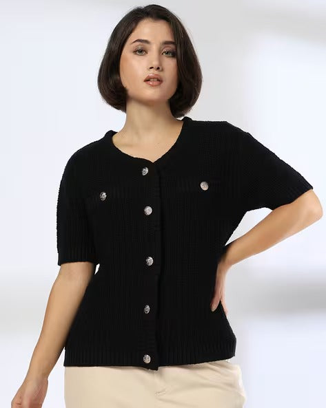 Women Ribbed V-Neck Relaxed Fit Top