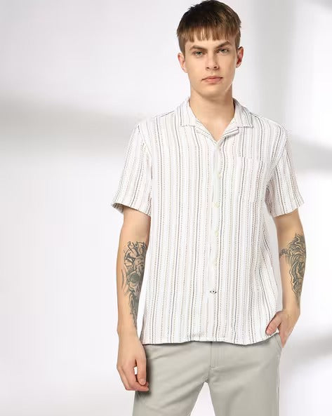 Men Striped Resort Slim Fit Shirt with Patch Pocket