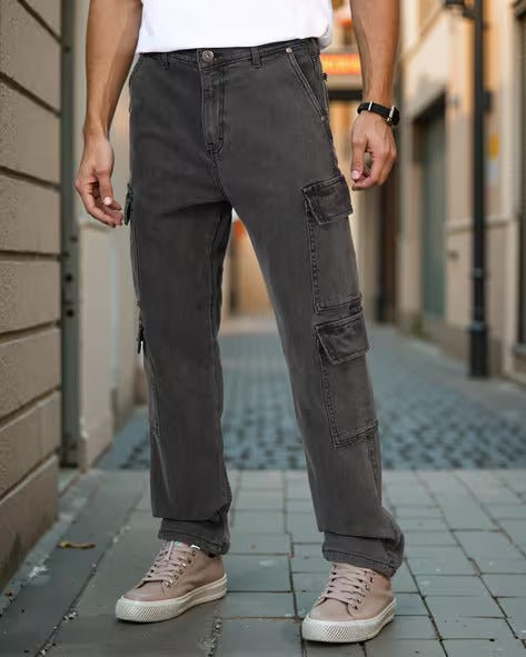 Shein Street Full Length Straight Cargo Jeans With Pockets