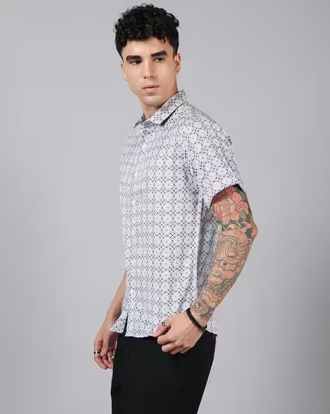 Shein Spread Collar Short Sleeve Geometric Print Shirt