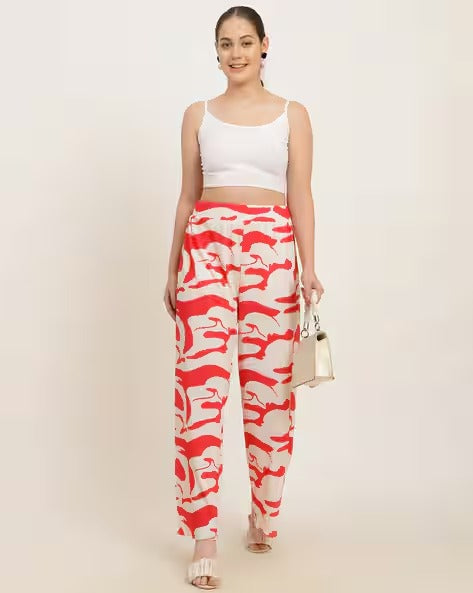 Full Length Pleated Abstract Print Relaxed Fit Palazzo