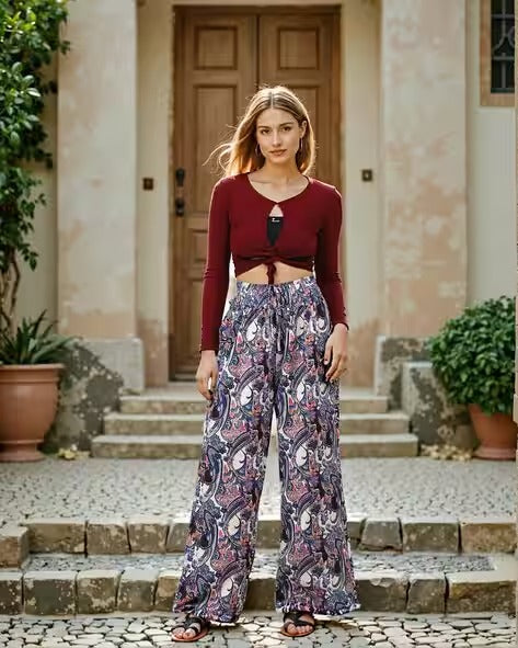 High Rise Smocked Waist Paisley Print Relaxed Fit Palazzo