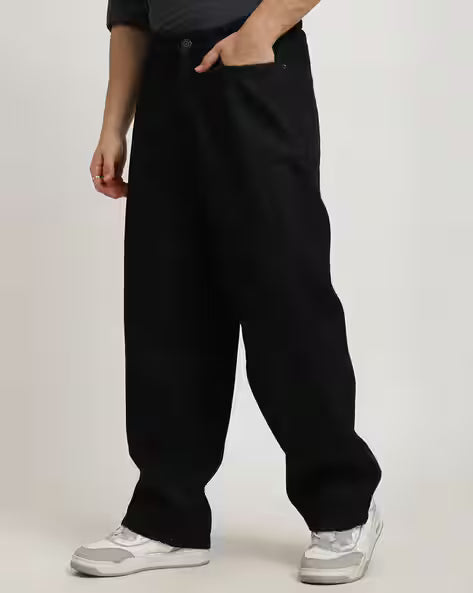 Full Length Stone Wash Baggy Jeans with Pockets