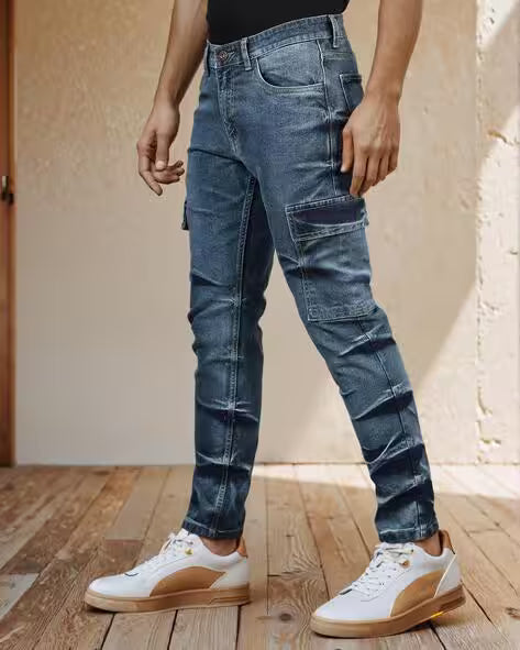 Slim Fit Ankle Length Creasing Detail Cargo Style Jeans