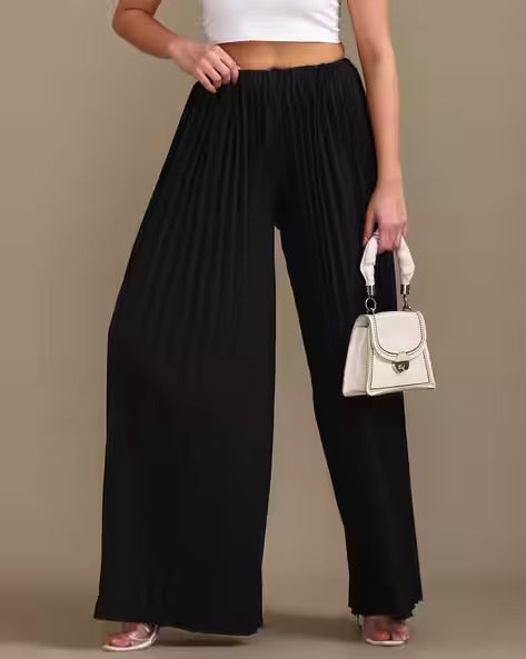 Elasticated Waist Curled Hem Pleated Palazzo