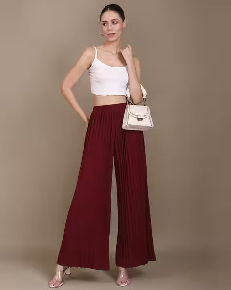 Elasticated Waist Curled Hem Pleated Palazzo