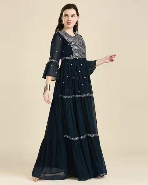 Embellished Round-Neck Tiered Dress