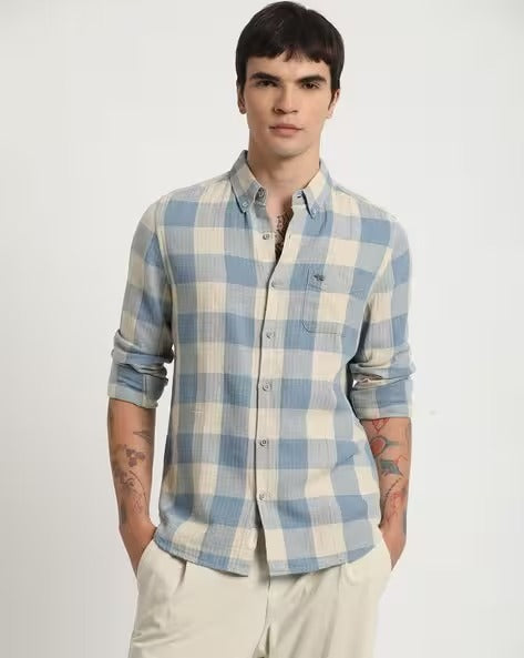 Men Slim Fit Checked Button-Down Collar Shirt