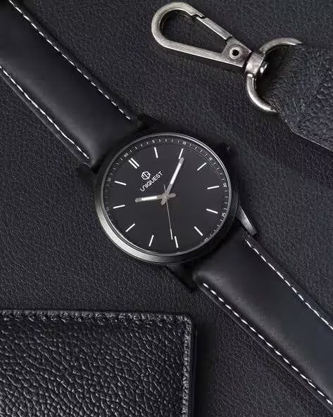 Black Dial Analogue Fashion Watch with Leather Strap For Men