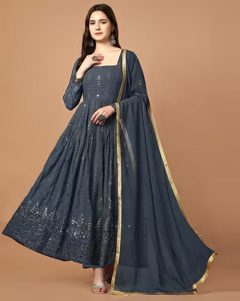 Women Embroidered Fit & Flare Dress with Dupatta