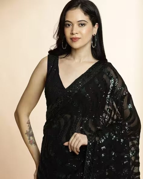 Women Pure Georgette Sequin Embroidered Black Saree Saree