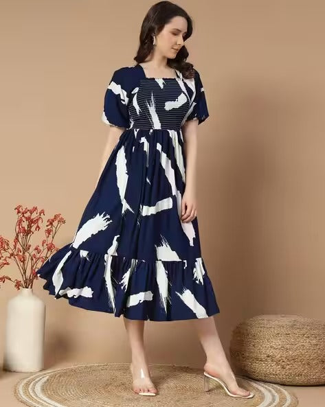 Women Printed Square-Neck Tiered Dress