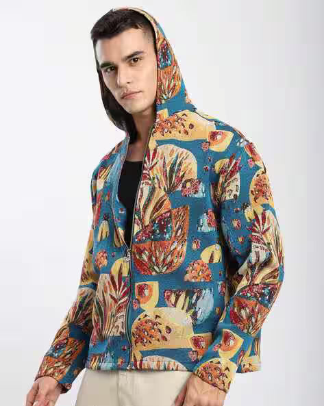 Men Printed Relaxed Fit Zip-Front Hooded Shacket