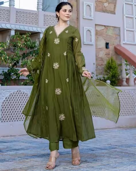 Women Embroidered A-Line Kurta Set with Dupatta