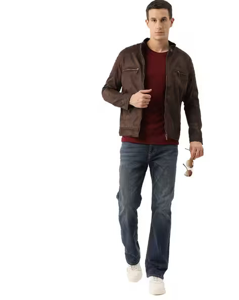 Men Regular Fit Zip-Front Biker Jacket