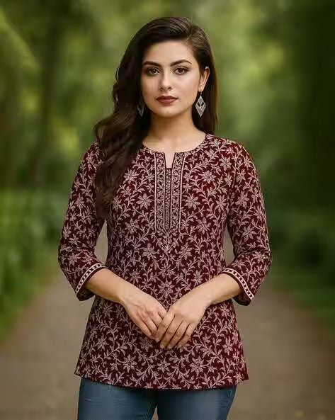 Women Floral Print Tunic with Notch Neckline